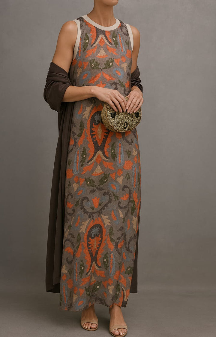 Arlune™ | Printed Maxi Dress And Matching Cardigan Set