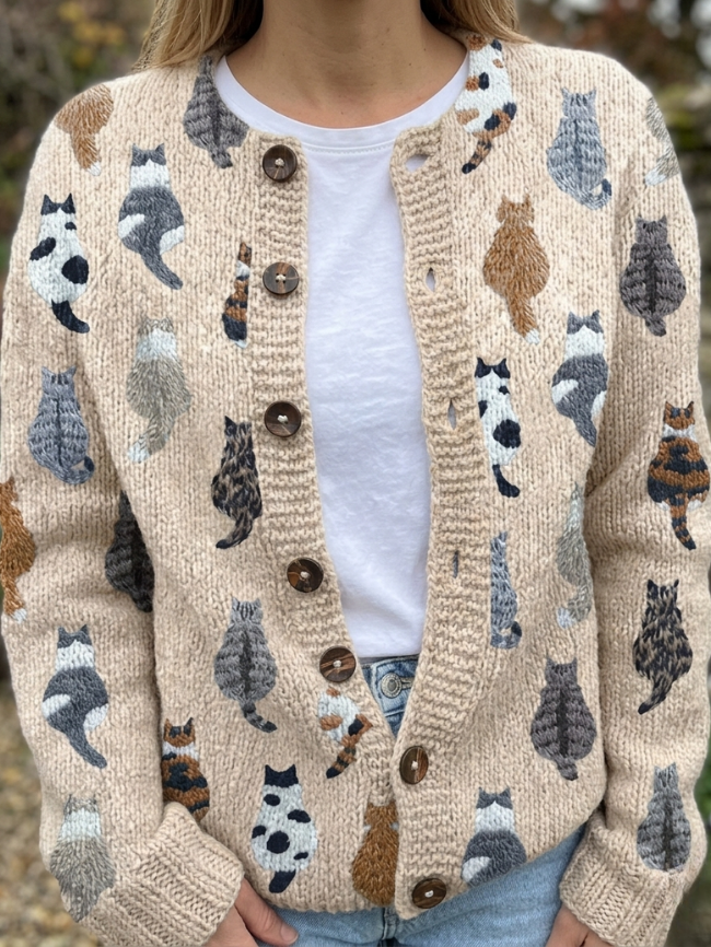 Sorielle™ | Cat Print Knit Cardigan